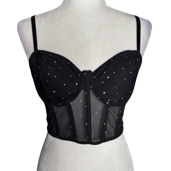 Mesh Rhinestone Bustier Crop Top Black Medium Adjustable Straps Boning NEW - Picture 1 of 7